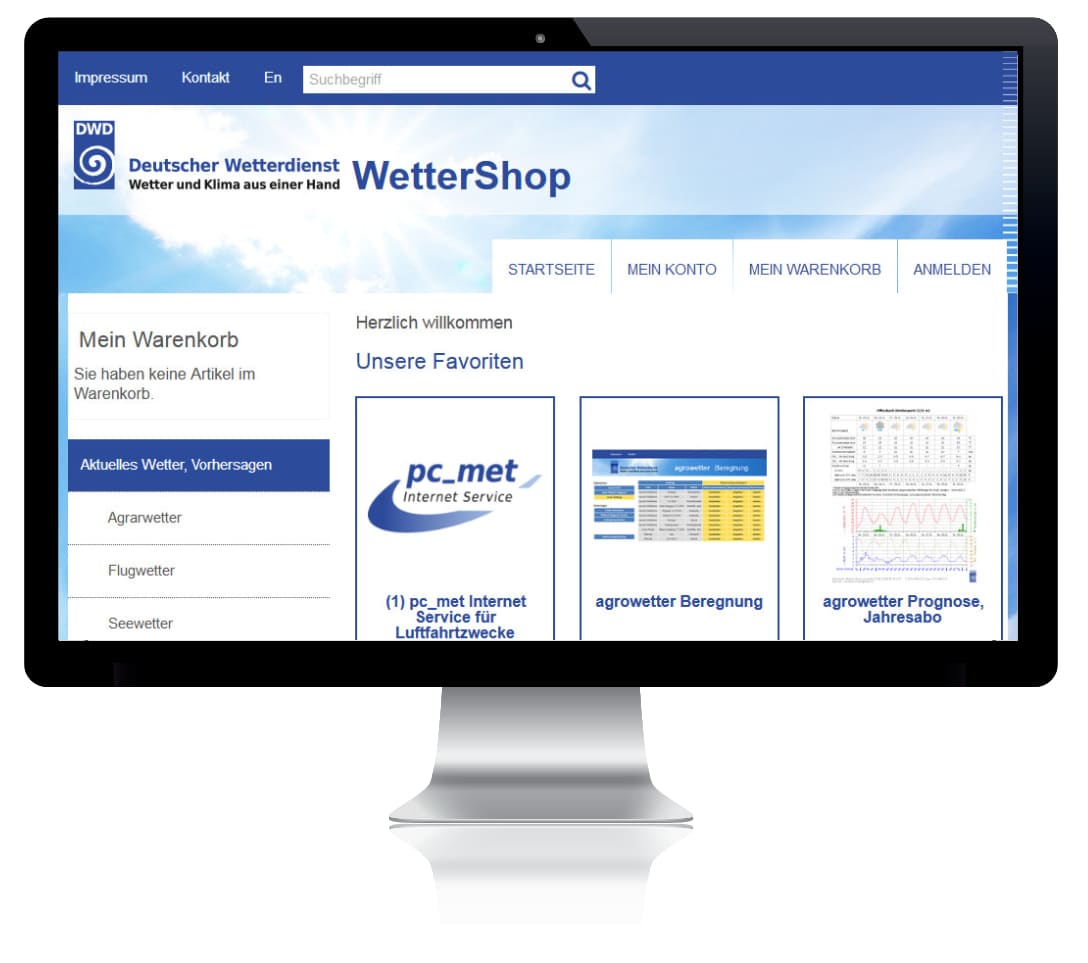 Monitor mit Ansicht des Webshops des DWD